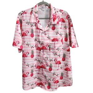 Mens Hawaiian Shirt XL Pink Flamingos Pinapples Polyester Button Up New